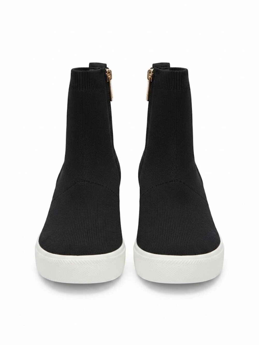 DKNY Black Knit Slip-On Wedge Platform Sneakers Gold Zipper Size 5.5